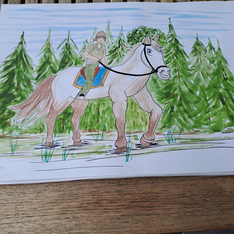 Ein handgezeichnetes Bild zeigt eine Person mit grünem Hemd und Helm, die auf einem weißen Pferd durch eine grasbewachsene Fläche mit grünen Kiefern im Hintergrund reitet. Die Szene erscheint im Freien und ist mit Markern oder Farbe koloriert.