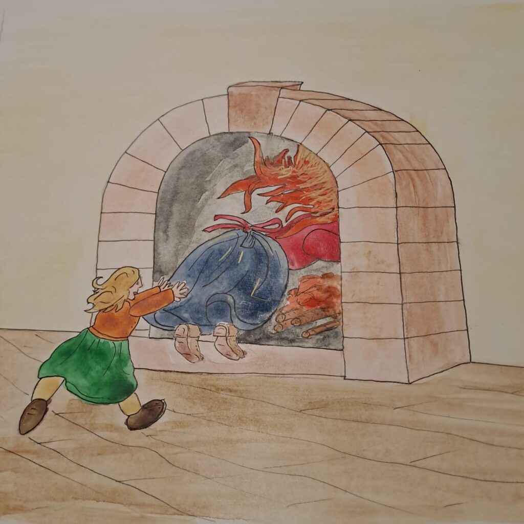 Ein junges Mädchen stößt eine ältere Frau kopfüber in einen großen Steinofen, wobei nur die Beine und der Rock der Frau in dem feurigen Inneren zu sehen sind. Die Szene ist in weichen Aquarelltönen dargestellt.