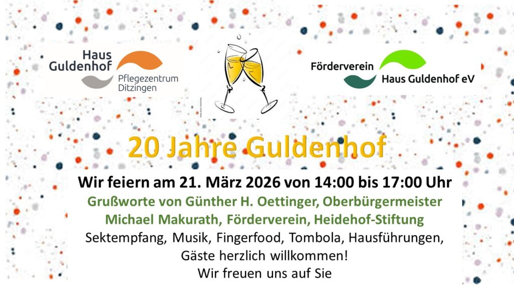Einladung zur 20-Jahr-Feier des Guldenhofs mit Logos, Konfetti und Gläserklirren. Veranstaltung am 21. März 2026, 14-17 Uhr, mit Reden, Musik, Essen, Führungen und Tombola. Alle Gäste sind willkommen.